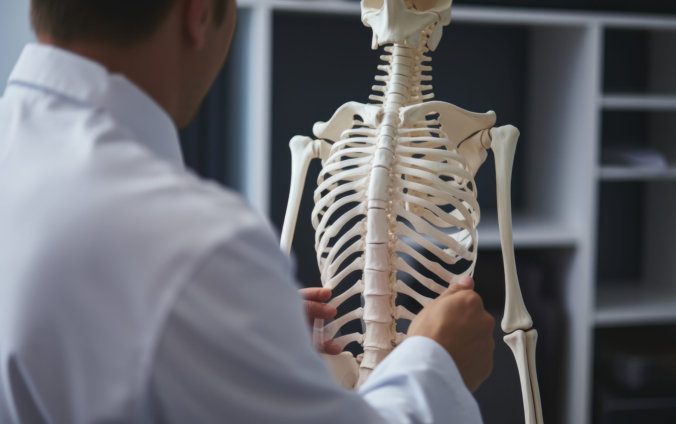 A imagem mostra um profissional de saúde, possivelmente um médico ou fisioterapeuta, demonstrando um esqueleto humano. Ele está segurando a estrutura, destacando a coluna vertebral e as costelas, provavelmente explicando a anatomia ou discutindo aspectos relacionados ao sistema esquelético. A cena parece estar em um consultório ou ambiente clínico.